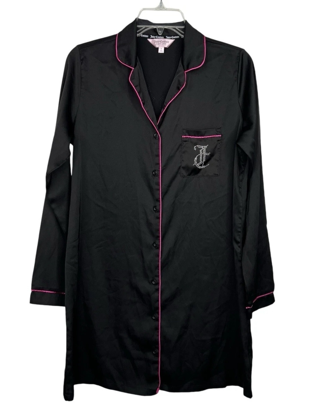 Juicy Couture - Black Button Down Satin Nightshirt with Pink Trim